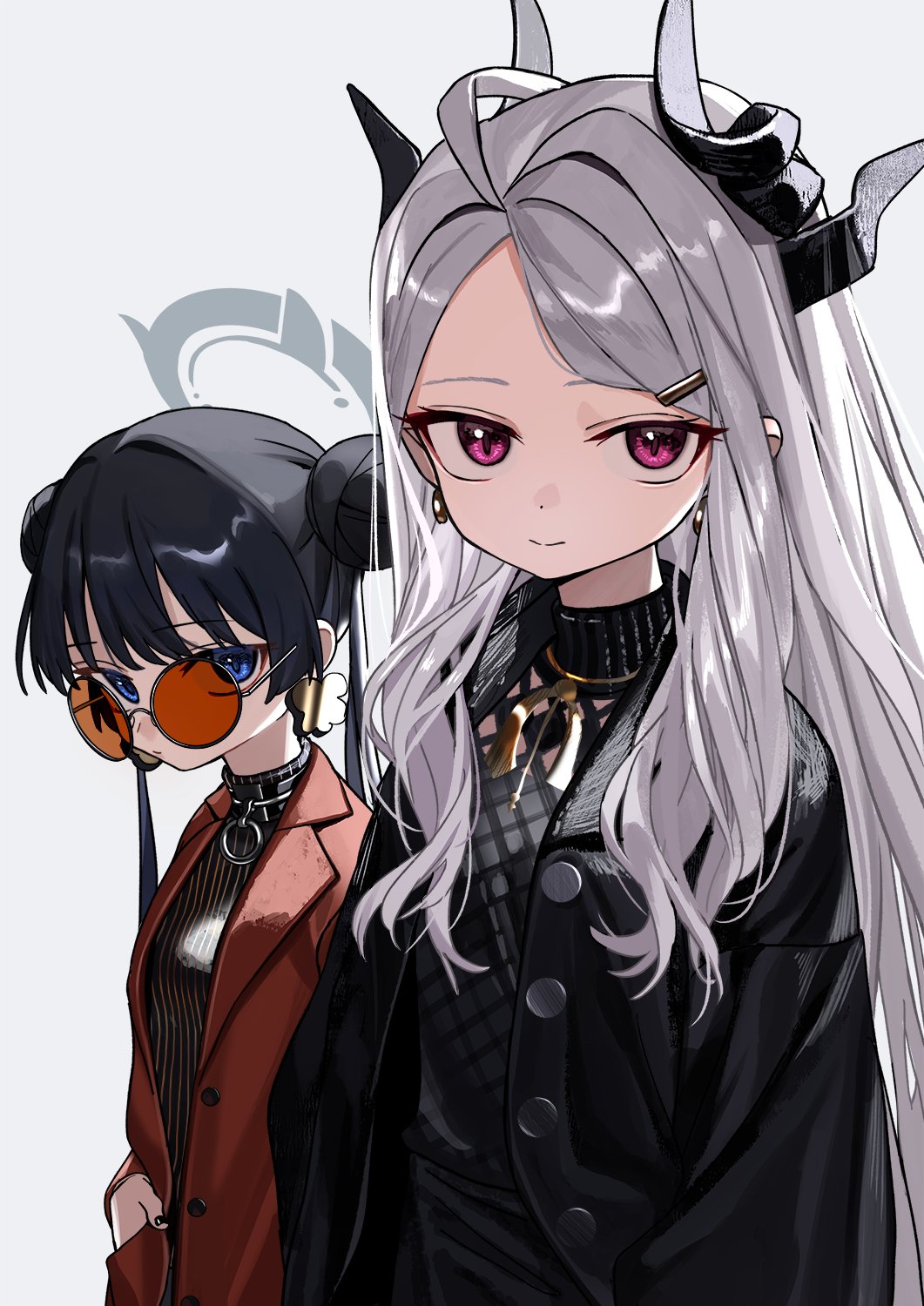 2girls ahoge alternate_costume black_dress black_hair blue_archive blue_eyes brown-tinted_eyewear brown_coat casual coat commentary_request dangle_earrings demon_girl demon_horns double_bun dress earrings forehead hair_between_eyes hair_bun halo highres hina_(blue_archive) horns jewelry kisaki_(blue_archive) long_hair long_sleeves looking_at_viewer looking_over_eyewear luicent multiple_girls open_clothes open_coat parted_bangs purple_eyes sidelocks simple_background sunglasses tinted_eyewear turtleneck_dress twintails wavy_hair white_background white_hair