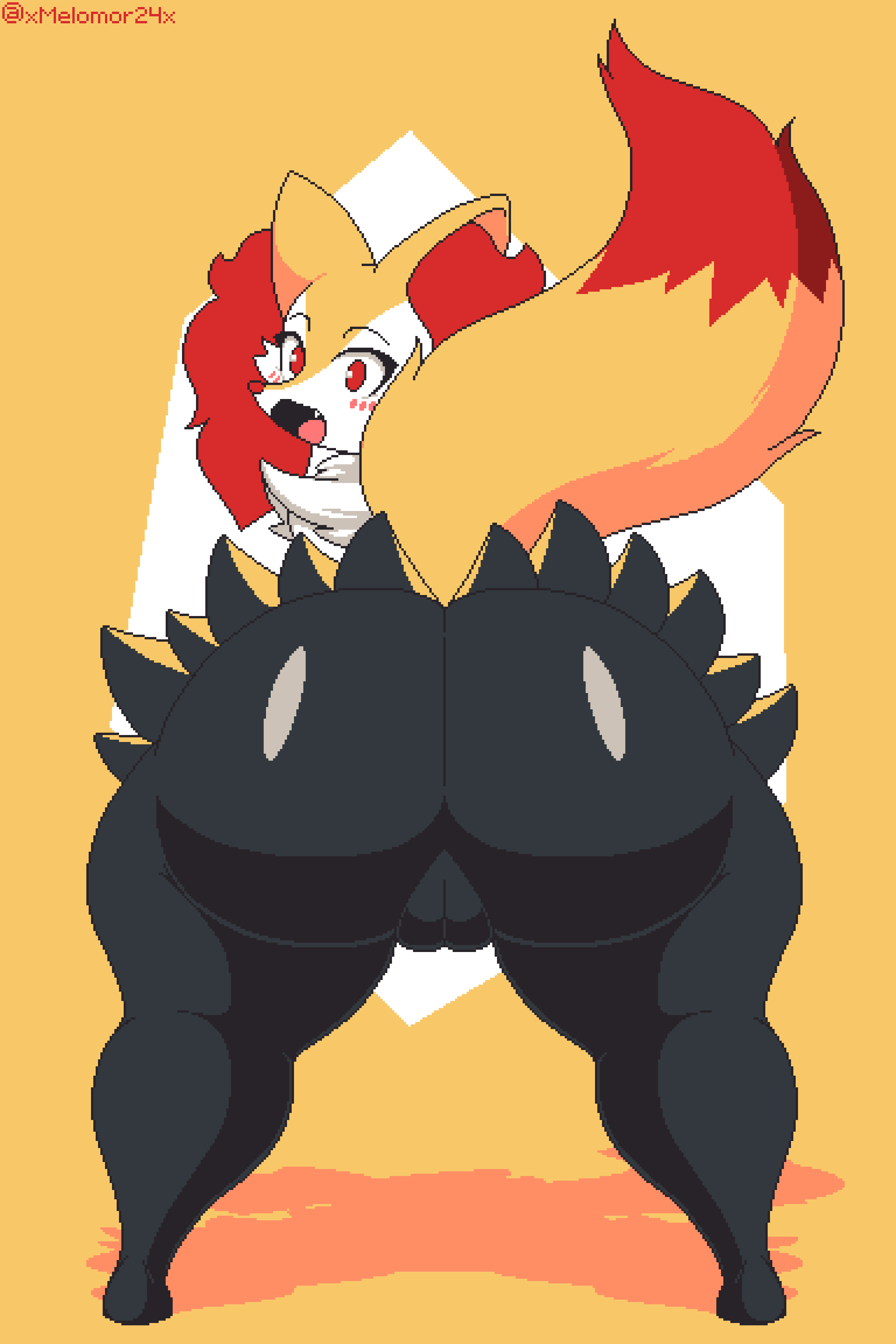 2023 absurd_res anthro bent_over big_butt black_body black_fur blush blush_lines braixen butt digital_media_(artwork) fangs female fur generation_6_pokemon genitals hair hi_res looking_back melomor multicolored_body multicolored_fur nintendo nude orange_body orange_fur orange_hair orange_tail pixel_(artwork) pokemon pokemon_(species) pussy rear_view red_eyes red_nose sharp_teeth simple_background solo surprise surprised_expression tail teeth thick_thighs tongue two_tone_tail white_body white_fur yellow_background yellow_body yellow_ears yellow_fur yellow_tail