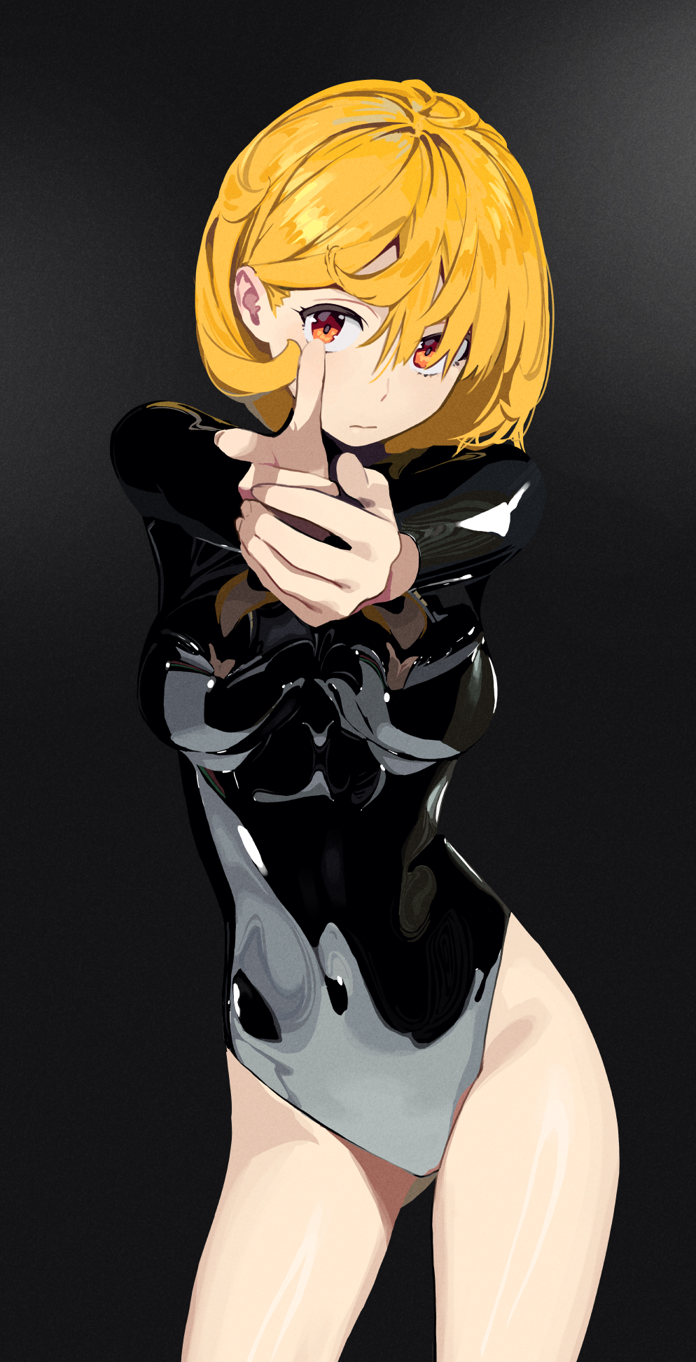 1girl aiming aiming_at_viewer black_background black_leotard blonde_hair breasts closed_mouth contrapposto covered_navel cowboy_shot finger_gun gradient_background highres latex latex_leotard leotard long_sleeves looking_at_viewer medium_breasts orange_eyes original sekoshi_(some1else45) shiny_clothes short_hair solo some1else45
