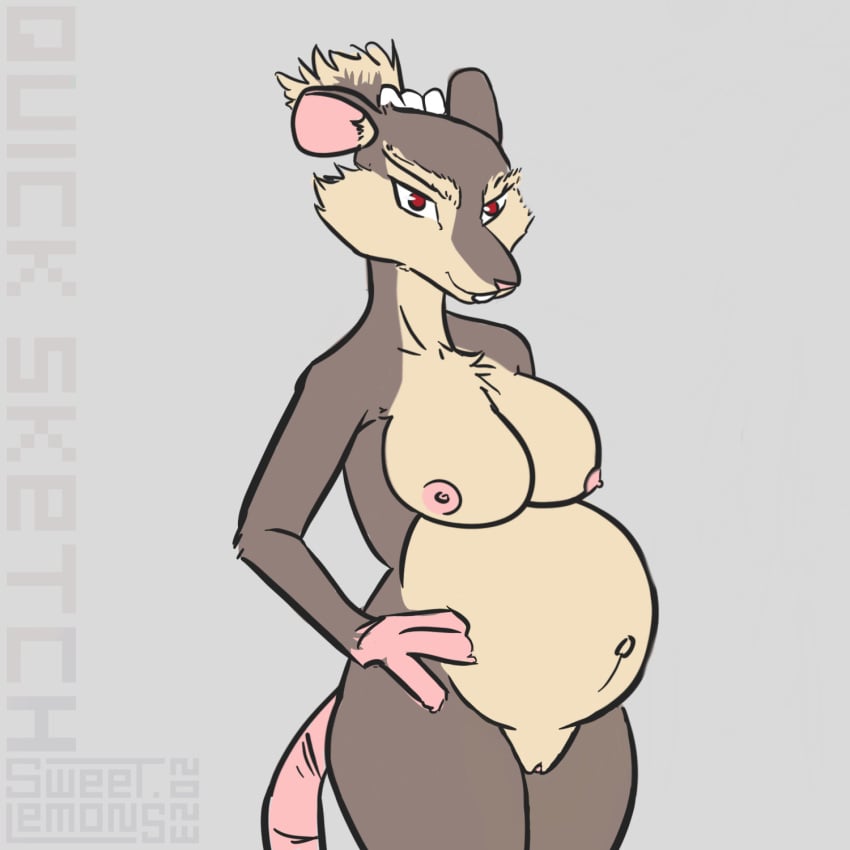 accessory anthro big_breasts breasts crossgender facial_tuft female hair_accessory hair_ribbon hands_on_hips long_tail looking_at_viewer mammal master_splinter murid murine pregnant rat ribbons rodent solo sweet.lemons tail teenage_mutant_ninja_turtles wide_hips