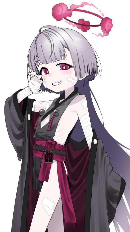 1girl bandaged_hand bandages bell black_nails blue_archive blush dress gauze_on_cheek gengorou grey_dress grey_hair grey_kimono grin halo japanese_clothes jingle_bell kimono long_hair looking_at_viewer obi off_shoulder open_clothes open_kimono pale_skin pink_pupils red_eyes sash short_dress shuro_(blue_archive) sideless_dress sideless_outfit simple_background smile solo teeth white_background
