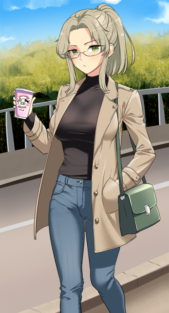 1girl alternate_costume alternate_hairstyle bag black_shirt blue_sky breasts brown_hair brown_jacket casual cloud coffee coffee_cup cup day denim disposable_cup forest glasses green_bag green_eyes hand_in_pocket handbag holding holding_cup imu_(senran_kagura) jacket jeans large_breasts light_brown_hair looking_at_viewer namanama12ruiji nature outdoors pants parted_bangs plant ponytail railing rimless_eyewear road senran_kagura senran_kagura_shinovi_versus shirt short_hair sidelocks sidewalk sky solo standing street tree walking