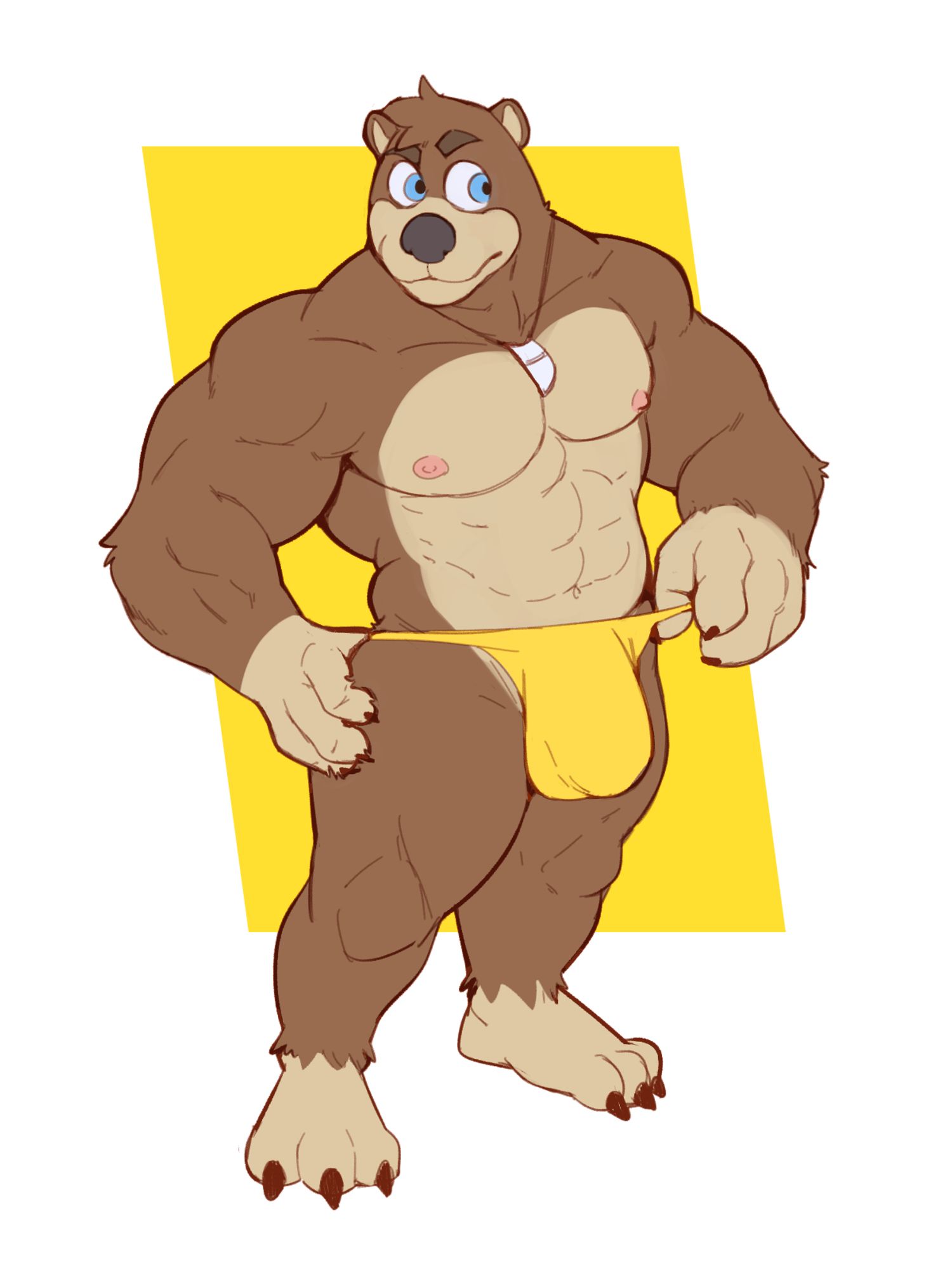 2023 abs alternate_version_at_source anthro banjo-kazooie banjo_(banjo-kazooie) barazoku barefoot bear biceps big_bulge big_muscles border bulge claws clothed clothing deltoids eyebrows feet fur hi_res jewelry jrjresq male mammal muscular muscular_anthro muscular_male navel necklace nipples pecs plantigrade rareware simple_background solo standing thick_thighs thong thong_only topless topless_anthro topless_male tuft underwear underwear_only white_border yellow_background