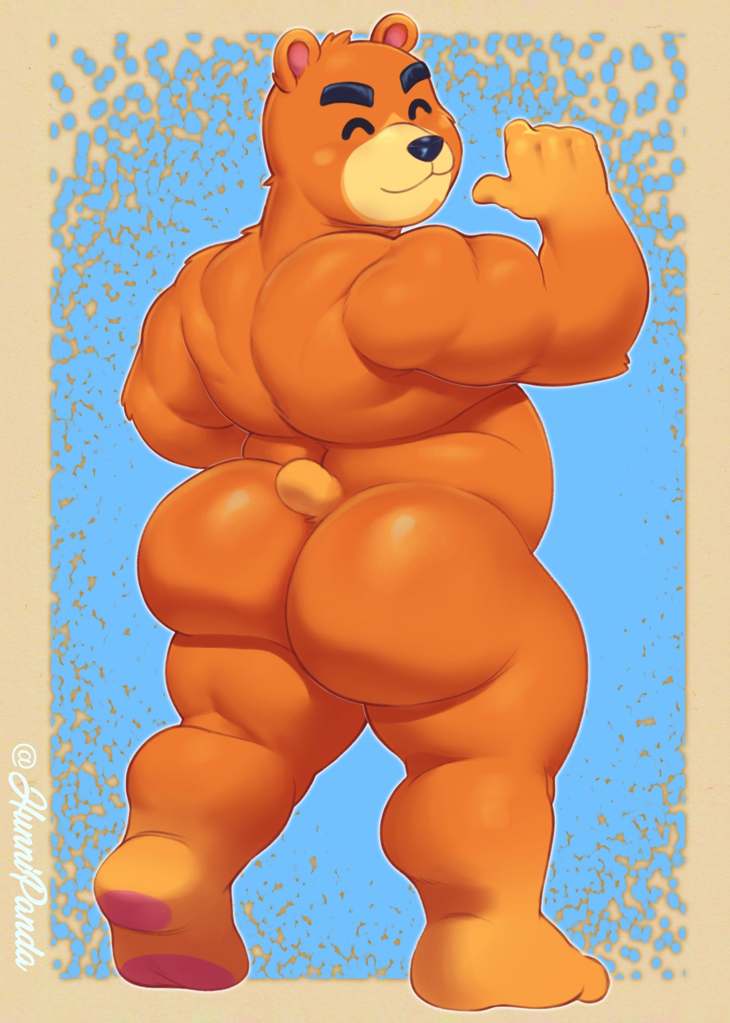 animal_crossing anthro bear big_butt blush brown_body brown_fur butt digital_media_(artwork) eyes_closed fur hi_res hunnipanda looking_at_viewer male mammal nintendo nude overweight overweight_anthro overweight_male simple_background smile solo tail teddy_(animal_crossing) text