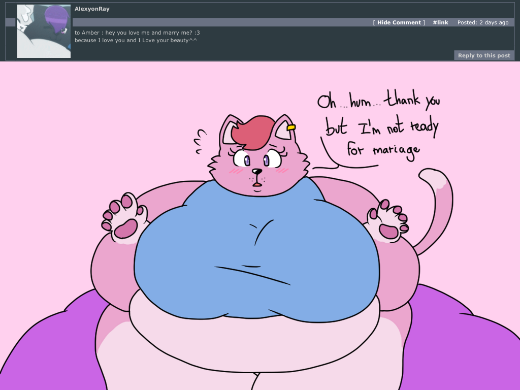 2018 4:3 5_fingers amber_(batspid2) anthro ask_blog batspid2 belly big_belly big_breasts biped black_eyebrows black_eyelashes black_nose blue_clothing blue_topwear blush blush_lines bottomwear breasts clothed clothed_anthro clothed_female clothing crop_top dialogue digital_drawing_(artwork) digital_media_(artwork) domestic_cat ear_piercing english_text eyebrows facial_tuft felid feline felis female fingers flat_colors flustered front_view fur glistening glistening_eyes glistening_nose gloves_(marking) hair huge_breasts huge_hips looking_at_viewer mammal markings midriff morbidly_obese morbidly_obese_anthro morbidly_obese_female multicolored_body multicolored_fur navel obese obese_anthro obese_female open_mouth overweight overweight_anthro overweight_female pants pawpads piercing pink_background pink_body pink_fur pink_hair pink_pawpads purple_bottomwear purple_clothing purple_eyes shirt short_hair simple_background solo sweatdrop_(iconography) tail tail_markings text topwear two_tone_body two_tone_fur white_body white_fur
