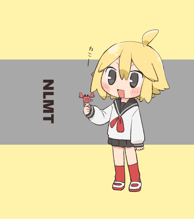 1girl acronym ahoge animal arm_at_side black_eyes black_sailor_collar black_skirt blonde_hair blush_stickers chibi citrus_(place) commentary copyright_name crab full_body grey_background hand_up holding holding_animal kneehighs long_sleeves miniskirt neckerchief null-meta open_mouth pleated_skirt red_neckerchief red_socks sailor_collar school_uniform serafuku shirt shoes short_hair skirt smile socks solo standing two-tone_background uozumi_kurumi uwabaki v-shaped_eyebrows white_shirt yellow_background