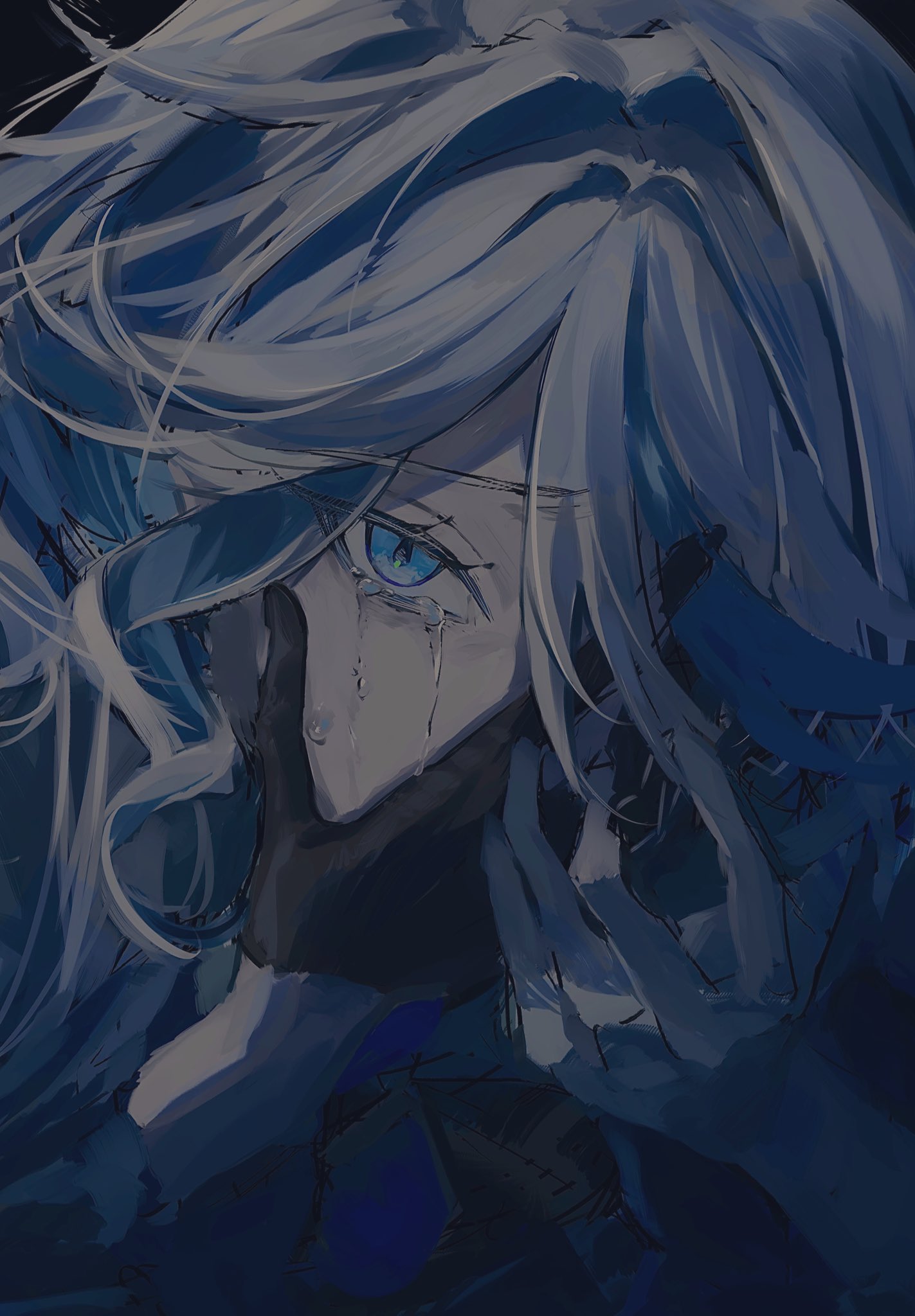 1girl ahoge ascot asymmetrical_gloves black_ascot black_background black_gloves blue_eyes blue_hair blue_jacket covering_mouth crying crying_with_eyes_open d_yinkya drop-shaped_pupils eyelashes furina_(genshin_impact) genshin_impact gloves grey_hair hair_between_eyes hands_up highres jacket long_hair long_sleeves looking_at_viewer mismatched_gloves multicolored_hair no_headwear simple_background solo symbol-shaped_pupils tears two-tone_hair upper_body white_gloves