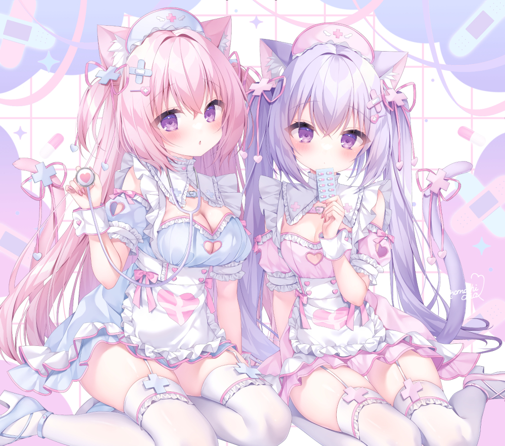 2girls animal_ears apron bare_shoulders blue_dress breasts cat_ears cat_girl cat_tail cleavage closed_mouth commentary_request detached_sleeves dress garter_straps hair_between_eyes hat heart large_breasts looking_at_viewer maid momochi_chia multiple_girls nurse nurse_cap original parted_lips pill pink_dress pink_hair puffy_short_sleeves puffy_sleeves purple_eyes purple_hair short_sleeves sitting small_breasts stethoscope tail thighhighs twintails waist_apron wariza white_apron white_thighhighs wrist_cuffs