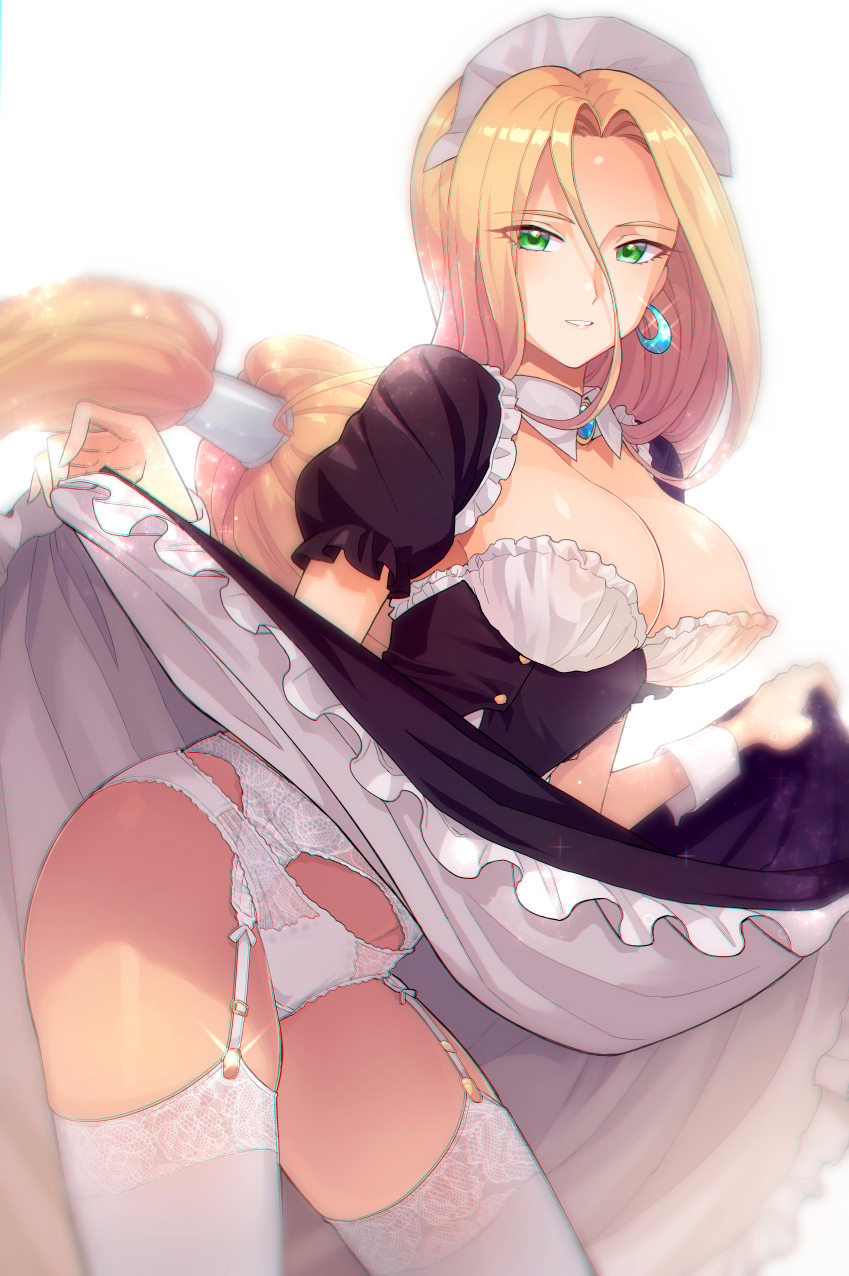 backlighting breasts chromatic_aberration commentary_request detached_collar dragon_quest dragon_quest_vi earrings eyebrows_visible_through_hair eyes_visible_through_hair garter_belt green_eyes highres jewelry large_breasts leaning_forward lifted_by_self lingerie long_hair looking_at_viewer low-tied_long_hair maid mireyu panties panties_over_garter_belt parted_lips puffy_short_sleeves puffy_sleeves short_sleeves simple_background skirt skirt_lift smile solo supurai thighhighs underwear white_background white_garter_belt white_legwear white_panties