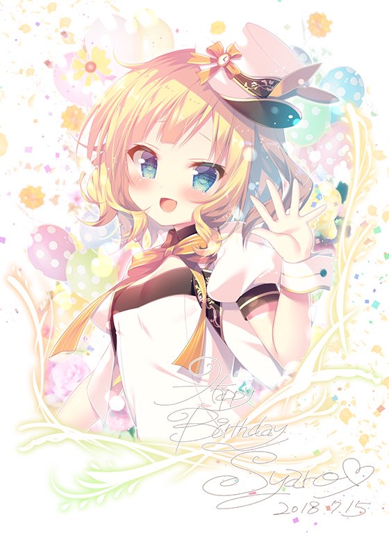 :d animal_ears balloon bangs blonde_hair blue_eyes blush bunny_ears character_name commentary_request confetti dated flower gochuumon_wa_usagi_desu_ka? hand_up happy_birthday hat hat_ribbon kirima_sharo mitsumomo_mamu neck_ribbon open_mouth ribbon short_hair short_sleeves smile solo top_hat upper_body white_hat wrist_cuffs