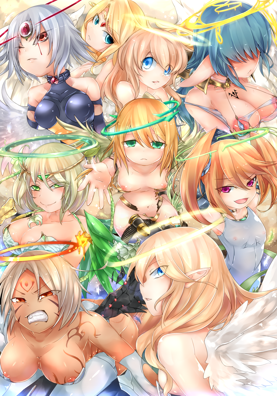 6+girls :d angel angel_wings aqua_eyes areola_slip armpits arms_behind_head arms_up bare_shoulders between_breasts black_leotard black_wings blonde_hair blood blood_from_eyes blue_eyes blue_hair blue_thighhighs blush breasts chest_tattoo choker circlet cleavage clenched_teeth closed_mouth collarbone commentary_request detached_sleeves eyes_visible_through_hair facial_tattoo feathered_wings feathers flat_chest flower flower_request forehead_tattoo gabriela_(mon-musu_quest!) gem gold_circlet green_eyes green_gemstone green_halo grey_hair group_picture hair_between_eyes hair_over_eyes half-closed_eyes halo head_tilt highres ilias jewelry large_breasts leotard light_frown long_hair looking_at_viewer looking_to_the_side looking_up lucifina_(mon-musu_quest!) medium_breasts metatron_(mon-musu_quest!) micaela_(mon-musu_quest!) mon-musu_quest! mon-musu_quest:_paradox multiple_girls navel necklace nipples one-piece_swimsuit one_eye_closed open_mouth orange_eyes orange_hair orange_halo outstretched_arm parted_bangs parted_lips pippi_(ku_ro_do_zorizo_to) plant pointy_ears puffy_nipples purple_eyes raphaela_(mon-musu_quest!) red_eyes red_gemstone red_halo revealing_clothes sandalphon_(mon-musu_quest!) sariela_(mon-musu_quest!) see-through_swimsuit short_hair short_twintails sideboob small_breasts smile swimsuit tan tattoo teeth thighhighs third_eye toga twintails uriela_(mon-musu_quest!) v-shaped_eyebrows vines white_one-piece_swimsuit white_thighhighs white_wings wings yellow_halo