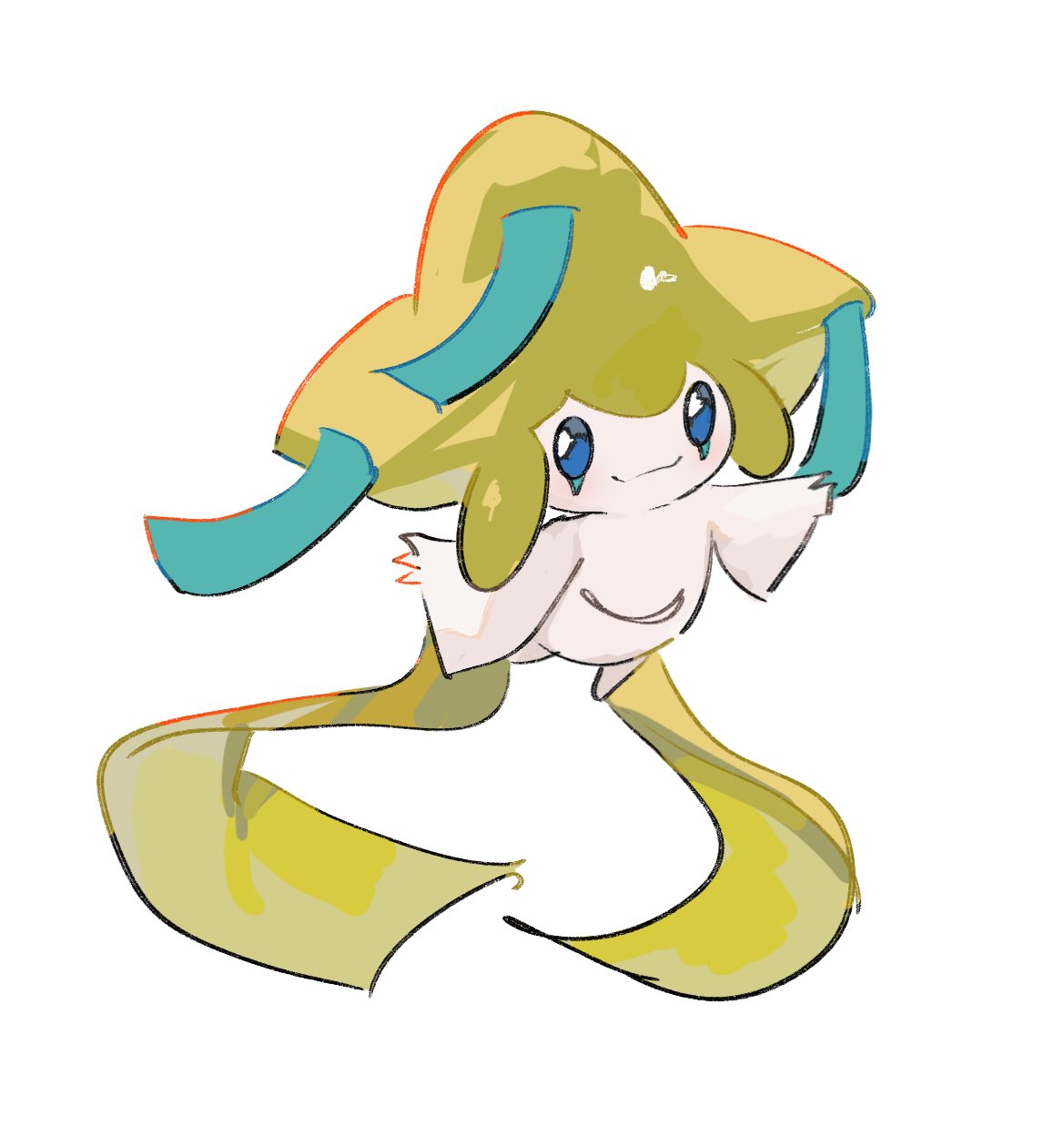 animal_focus blue_eyes bright_pupils closed_mouth colored_skin commentary_request facial_mark highres jirachi n29670007 no_humans pokemon pokemon_(creature) simple_background tanzaku white_background white_skin