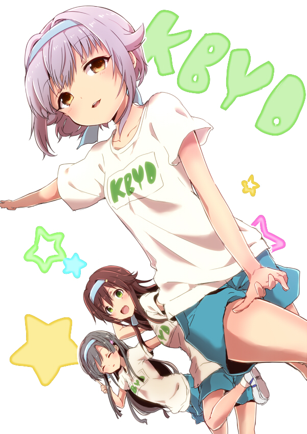 3girls arm_up black_hair blue_shorts blunt_bangs blush breasts brown_eyes brown_hair closed_eyes collarbone flower green_eyes hachimaki hair_flaps hair_flower hair_intakes hair_ornament headband himekawa_yuki idolmaster idolmaster_cinderella_girls idolmaster_cinderella_girls_starlight_stage index_finger_raised kobayakawa_sae koshimizu_sachiko leg_up long_hair looking_at_viewer looking_back medium_breasts multiple_girls numahito open_mouth outstretched_arm purple_hair shirt shoes short_hair short_sleeves shorts small_breasts smile sneakers socks standing star_(symbol) teeth translated upper_teeth_only white_background white_shirt white_socks