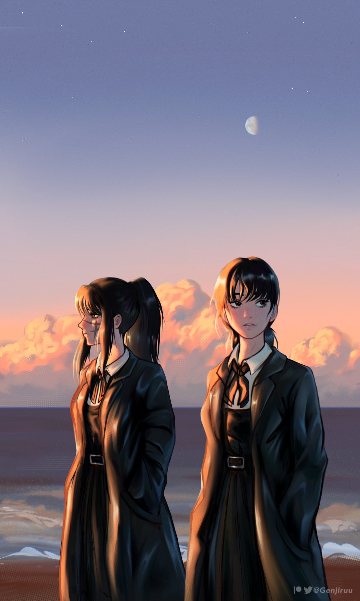 2girls black_coat black_hair chainsaw_man cloud coat fourth_east_high_school_uniform genjiruu highres looking_at_another looking_to_the_side mitaka_asa moon multiple_girls ocean open_clothes open_coat ponytail scar scar_on_face school_uniform sunset twitter_username yoru_(chainsaw_man)