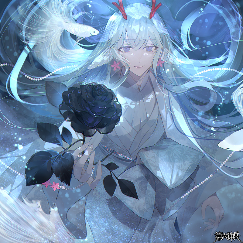 1boy air_bubble ame_tyaya androgynous black_flower black_rose blue_hair bubble coral dairoku_ryouhei feet_out_of_frame fins fish flower gem giving hair_between_eyes head_fins holding holding_flower horns japanese_clothes kimono light_blue_hair lilu_luli long_hair looking_at_viewer male_focus merman monster_boy obi parted_lips pearl_(gemstone) pink_flower purple_eyes rose sash shirt siamese_fighting_fish sidelocks smile solo underwater veil white_kimono white_sash white_shirt wide_sleeves