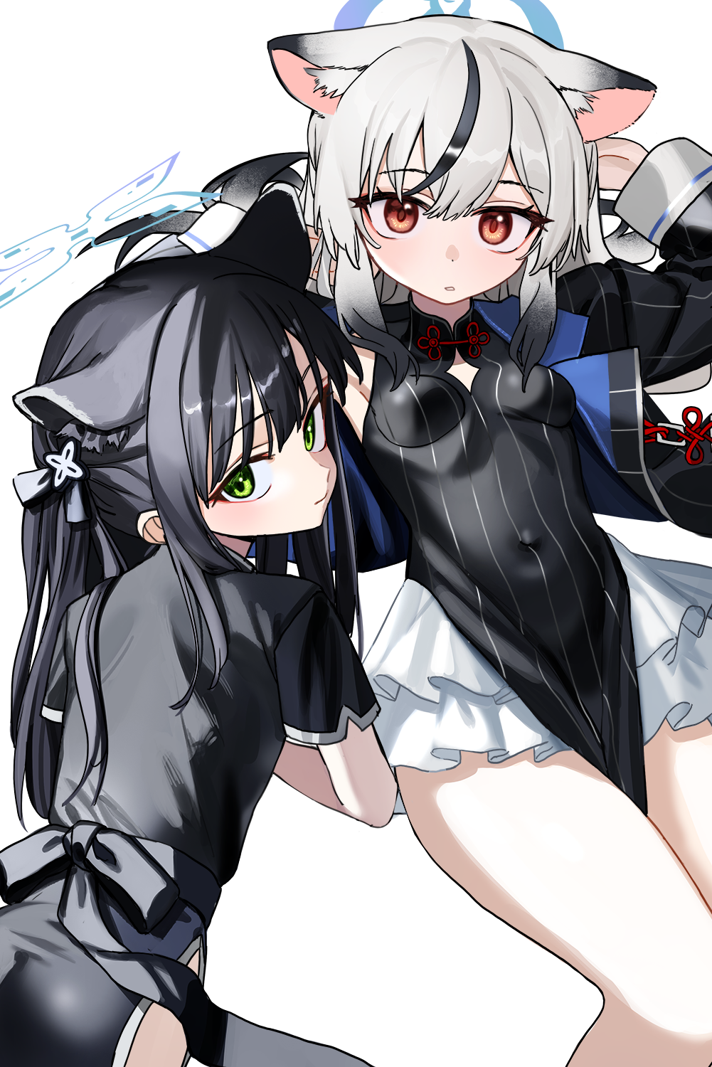 2girls animal_ear_fluff animal_ears arm_support black_coat black_dress black_hair blue_archive china_dress chinese_clothes coat commentary_request dress frilled_skirt frills gradient_hair green_eyes grey_hair hair_between_eyes halo head_tilt highres kokona_(blue_archive) long_hair long_sleeves looking_at_viewer low_twintails luicent multicolored_hair multiple_girls open_clothes open_coat orange_eyes pelvic_curtain shaft_look short_sleeves shun_(blue_archive) shun_(small)_(blue_archive) siblings sidelocks simple_background sisters sitting skirt sleeveless streaked_hair tiger_ears twintails two-tone_hair white_background white_skirt