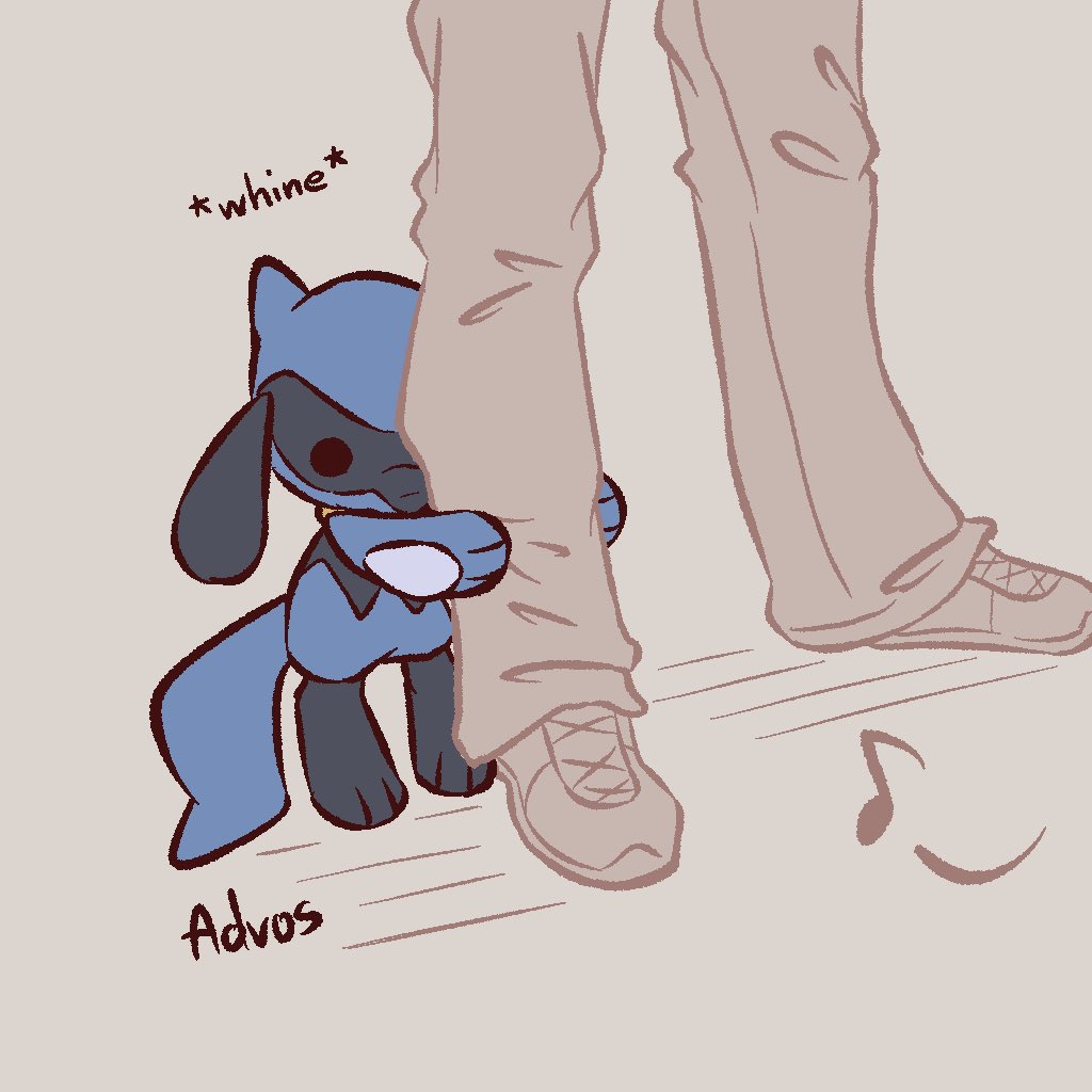 1boy advos artist_name brown_background chibi hugging_another's_leg musical_note pants pokemon pokemon_(creature) riolu shoes simple_background sound_effects spoken_musical_note tail