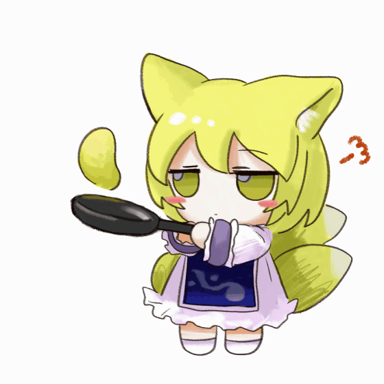 1girl animal_ear_fluff animal_ears blonde_hair blush blush_stickers chibi closed_mouth cooking dress food fox_ears fox_girl fox_tail frilled_dress frills frying_pan full_body fumo_(doll) holding holding_frying_pan kitsune kyuubi long_sleeves multiple_tails no_headwear pancake puff_of_air simple_background socks solo standing tabard tail touhou white_background white_dress white_socks yakumo_ran yakumora_n yellow_eyes