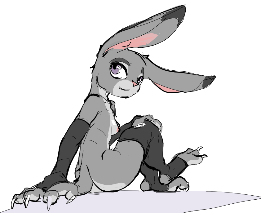anthro armwear breasts clothing detached_sleeves disney female judy_hopps lagomorph legwear leporid looking_back mammal mostly_nude nipples purple_eyes rabbit scut_tail short_tail simple_background sitting small_breasts solo tail thigh_highs toeless_thigh_highs yamabat zootopia