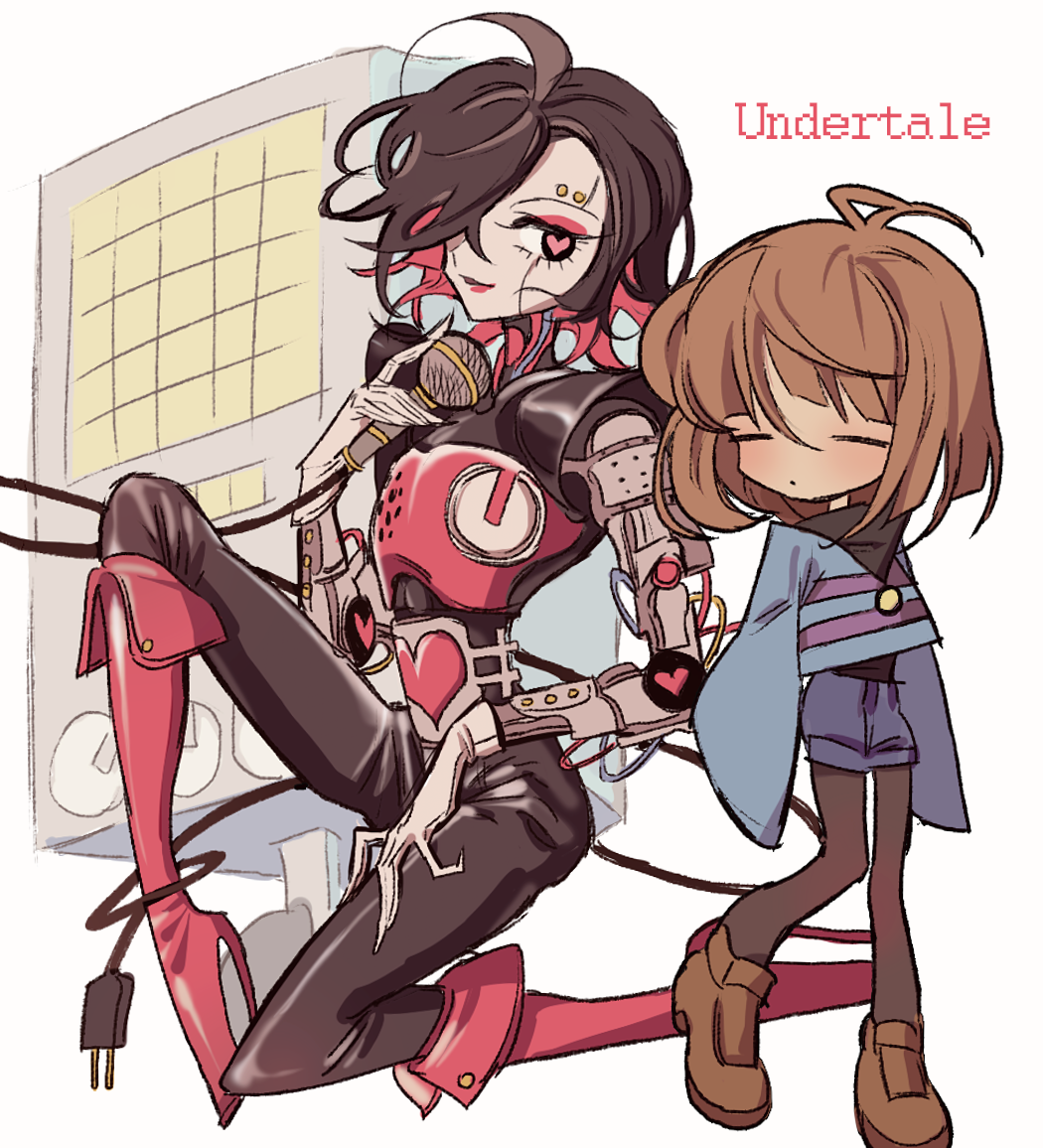 1boy 1other androgynous android black_hair black_pantyhose blue_shorts boots brown_hair cable closed_eyes closed_mouth colored_inner_hair copyright_name electric_plug expressionless frisk_(undertale) full_body gloves hair_over_one_eye heart heart-shaped_pupils holding holding_microphone knee_boots knee_up long_sleeves looking_at_viewer mechanical_arms meremero mettaton mettaton_ex microphone multicolored_hair pantyhose pink_footwear pink_hair pink_lips shirt short_hair shorts sitting sleeves_past_fingers sleeves_past_wrists smile standing striped striped_shirt symbol-shaped_pupils undertale white_gloves