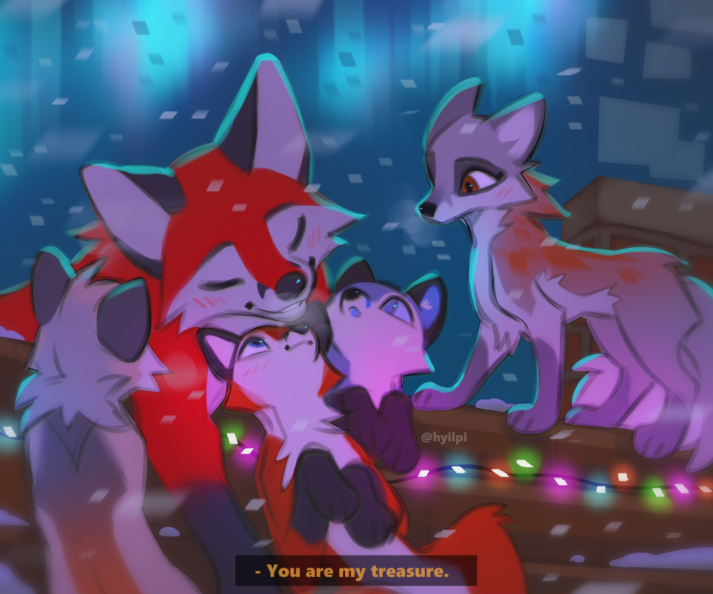 2023 ambiguous_gender blue_body blue_fur blush canid canine digital_media_(artwork) english_text eyes_closed feral fox fur group hyilpi leg_markings mammal markings red_body red_fox red_fur smile snow snowing socks_(marking) text vixy_(hyilpi) white_body white_fur