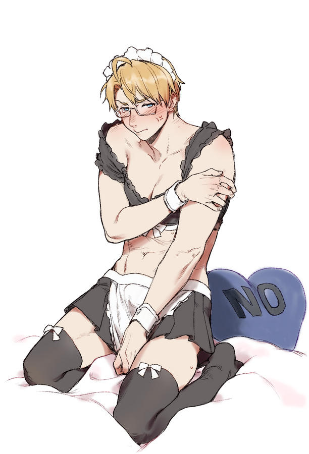 1boy ahoge alternate_costume america_(hetalia) anger_vein angry apron axis_powers_hetalia black_skirt black_thighhighs blonde_hair blush covering_chest covering_privates enmaided glasses large_pectorals looking_at_viewer maid maid_headdress male_focus no on_bed pectoral_cleavage pectorals seiza sitting skirt sleeveless thighhighs to@st waist_apron wrist_cuffs yes-no_pillow