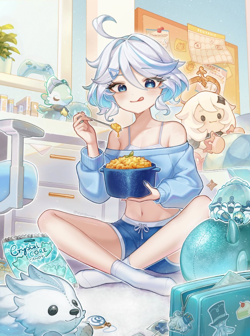 1girl ahoge alternate_costume artist_name bare_shoulders blue_eyes blue_hair blue_nails blue_shirt blue_shorts book bra calendar_(object) commission dot_nose drawer food furina_(genshin_impact) genshin_impact hair_between_eyes holding holding_cooking_pot holding_spoon indian_style legs licking_lips macaroni_and_cheese_(food) midriff navel nightbawnana no_shoes off-shoulder_shirt off_shoulder paimon_(genshin_impact) shirt short_hair shorts sitting socks solo spoon stuffed_toy tongue tongue_out triangle_hair_ornament underwear white_bra white_hair white_socks