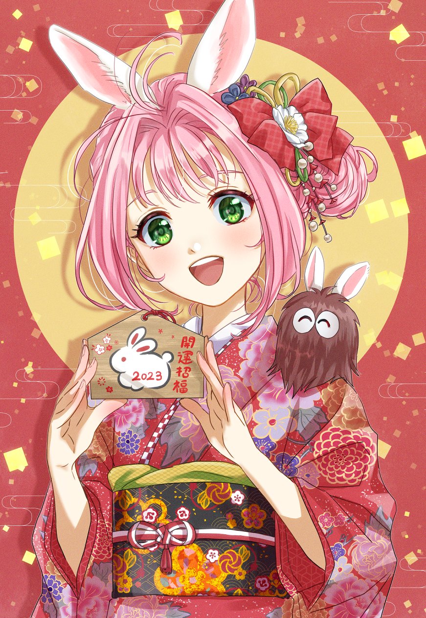 1girl 2023 :d akira_ituki animal_ears animal_on_shoulder bow floral_print flower green_eyes guvava hair_bow hair_flower hair_ornament head_tilt highres holding japanese_clothes kimono looking_at_viewer macross macross_7 mylene_jenius obi open_mouth pink_hair plaid plaid_bow print_kimono rabbit_ears red_background red_bow red_kimono sash smile solo upper_body white_flower yukata