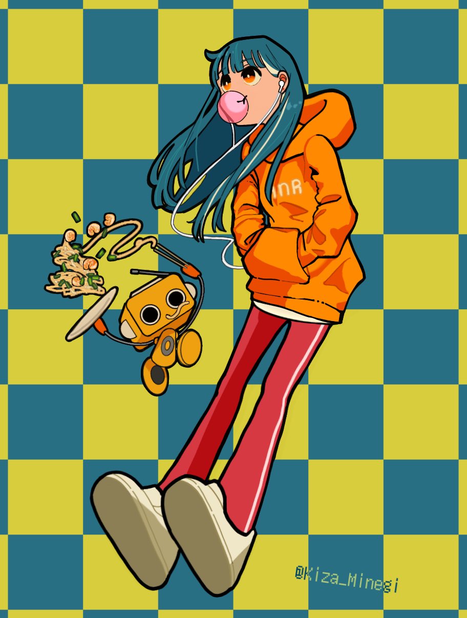 1girl ado_(utaite) all_night_radio blue_background blue_hair character_name checkered_background chewing_gum cloud_nine_inc earphones floating_hair food full_body hands_in_pockets highres hood hood_down hoodie kiza_minegi long_hair long_sleeves orange_eyes orange_hoodie pants pasta red_pants robot solo spaghetti yellow_background