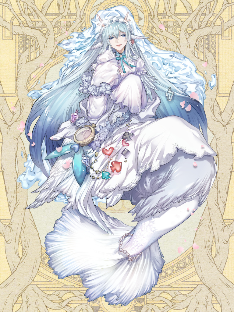 1boy androgynous aqua_ribbon blue_eyes blue_hair club_(shape) coral dairoku_ryouhei diamond_(shape) earrings feather_hair feather_trim feathered_wings flower_wreath full_body gem hair_between_eyes head_tilt head_wings heart horns invisible_chair jack_cocot jewelry layered_sleeves light_blue_hair lilu_luli liquid_clothes long_hair long_sleeves looking_at_viewer male_focus merman monster_boy neck_ribbon parted_lips pearl_(gemstone) pocket_watch ribbon robe sash short_over_long_sleeves short_sleeves single_earring sitting sleeves_past_fingers sleeves_past_wrists smile solo spade_(shape) tail tail_ornament vial watch white_robe white_sash white_wings wings