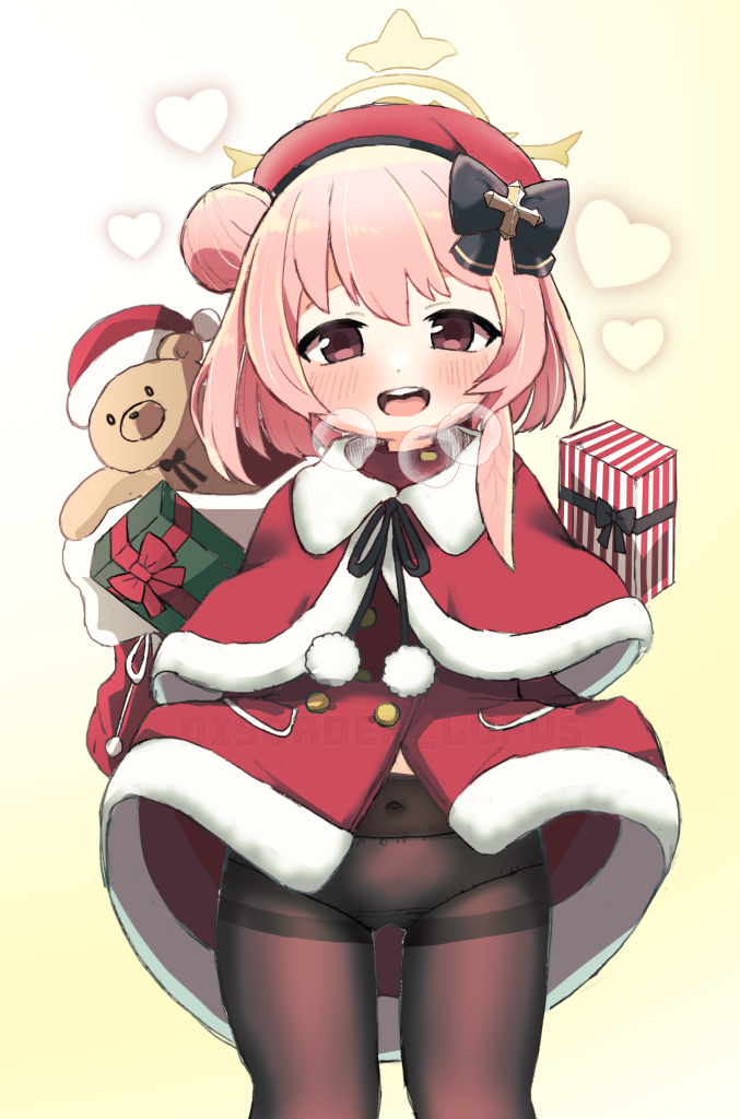 1girl black_bow black_pantyhose blue_archive blush bow box capelet christmas coat commentary_request covered_navel cowboy_shot fur-trimmed_capelet fur_coat fur_trim gift gift_box hair_bow hair_bun looking_at_viewer nakajima_lupus official_alternate_costume open_mouth panties panties_under_pantyhose pantyhose pink_eyes pink_hair pom_pom_(clothes) red_capelet red_coat red_headwear round_teeth santa_costume serina_(blue_archive) serina_(christmas)_(blue_archive) short_hair single_side_bun solo teeth thighband_pantyhose underwear upper_teeth_only