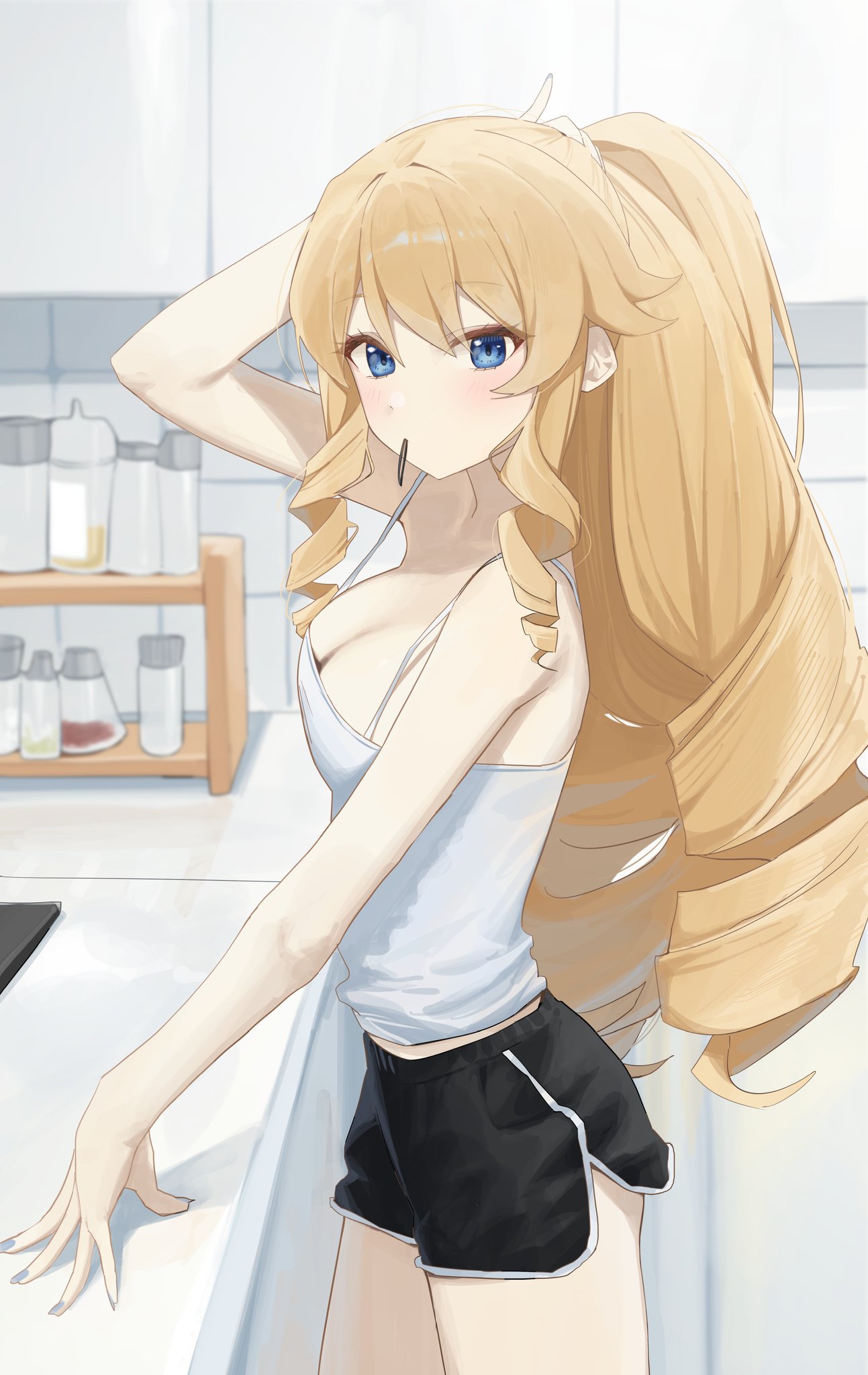 1girl alternate_costume arm_behind_head bare_arms bare_shoulders black_shorts blonde_hair blue_eyes bottle breasts camisole cleavage dolphin_shorts drill_hair drill_ponytail drill_sidelocks from_side genshin_impact highres large_breasts looking_at_viewer midriff_peek mouth_hold navia_(genshin_impact) ponytail quad_drills romaji_commentary short_shorts shorts sidelocks sleeveless solo syhan upper_body white_camisole