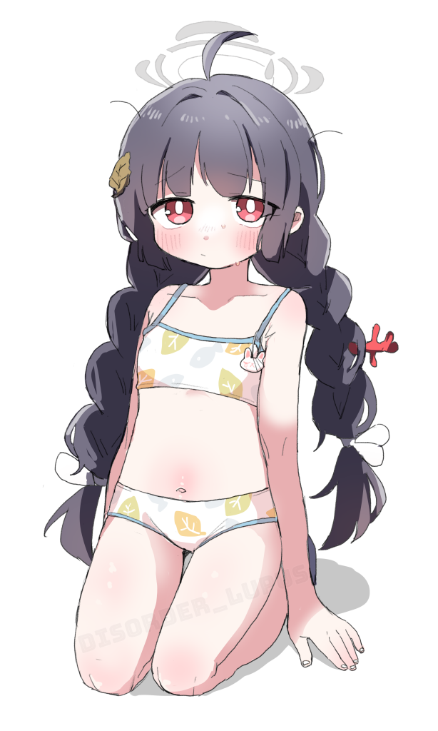 1girl ahoge bikini black_hair blue_archive blush braid closed_mouth collarbone commentary coral english_commentary flat_chest full_body grey_halo halo leaf leaf_on_head leaf_print looking_at_viewer mixed-language_commentary miyu_(blue_archive) miyu_(swimsuit)_(blue_archive) nakajima_lupus navel official_alternate_costume print_bikini red_eyes seiza simple_background sitting solo swimsuit twin_braids variant_set white_background white_bikini