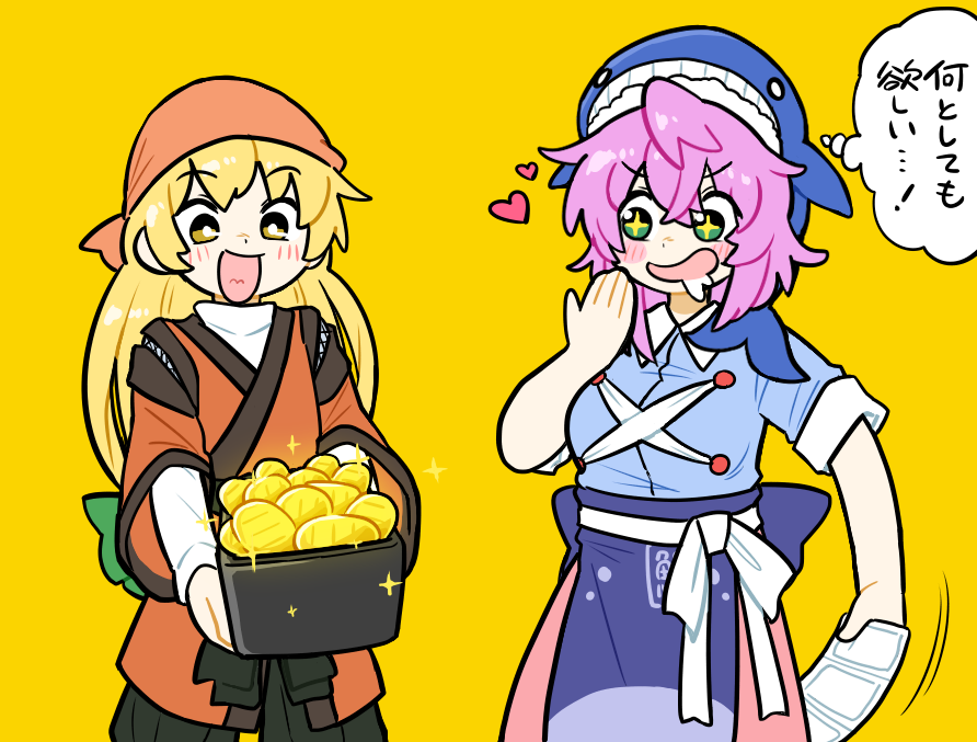 +_+ 1boy 2girls :d apron bandana blonde_hair blue_shirt breasts bseibutsu coin commentary_request cookie_(touhou) cowboy_shot cross-laced_clothes cross-laced_sleeves drooling gold gold_coin green_eyes hair_between_eyes heart japanese_clothes kimono koban_(gold) long_hair looking_at_another looking_down looking_to_the_side matara_okina medium_bangs medium_breasts medium_hair multiple_girls okunoda_miyoi open_mouth orange_bandana orange_kimono pink_hair pink_skirt purple_apron shirt simple_background skirt smile standing touhou translation_request v-shaped_eyebrows waist_apron whale_hat white_shirt yellow_background