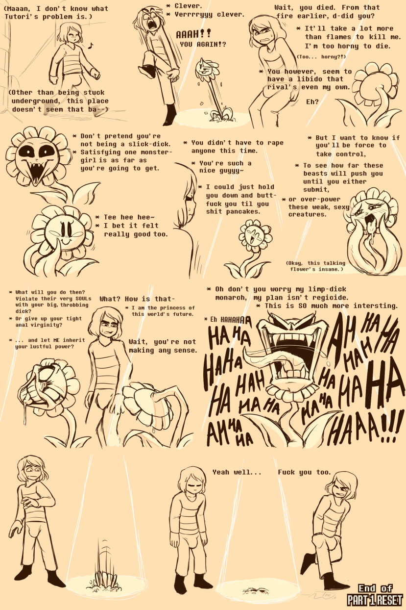 blush bulge clothing comic digital_media_(artwork) english_text female flora_fauna flower flowey_the_flower human male mammal not_furry plant protagonist_(undertale) text thewill under(her)tail undertale video_games