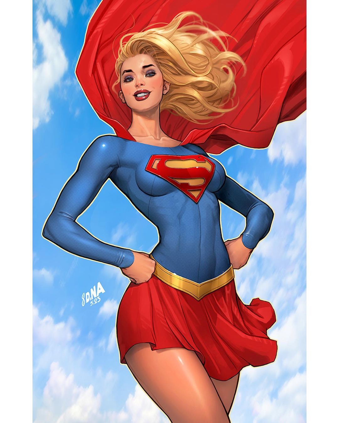 1girl blonde_hair blue_eyes blue_shirt blue_sky breasts cape clenched_hands cloud david_nakayama dc_comics gold_belt hands_on_own_hips highres long_hair looking_at_viewer medium_breasts pillarboxed red_cape red_lips red_skirt shirt skirt sky solo supergirl superman_(series) superman_logo tight_clothes tight_shirt
