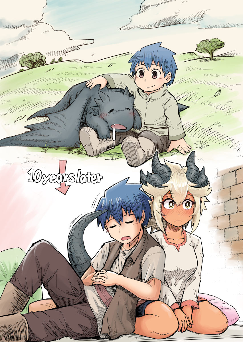 1boy 1girl age_progression arrow_(symbol) before_and_after blue_hair blush boots bright_pupils child closed_eyes closed_mouth cloud cushion dark-skinned_female dark_skin dragon dragon_girl dragon_horns dragon_tail drooling fantasy field highres horns kuma_yasuhisa leaning_on_person on_bed open_mouth original outdoors own_hands_together pants short_hair short_shorts short_sleeves shorts sitting sleeping smile tail tree vest western_dragon white_hair white_pupils