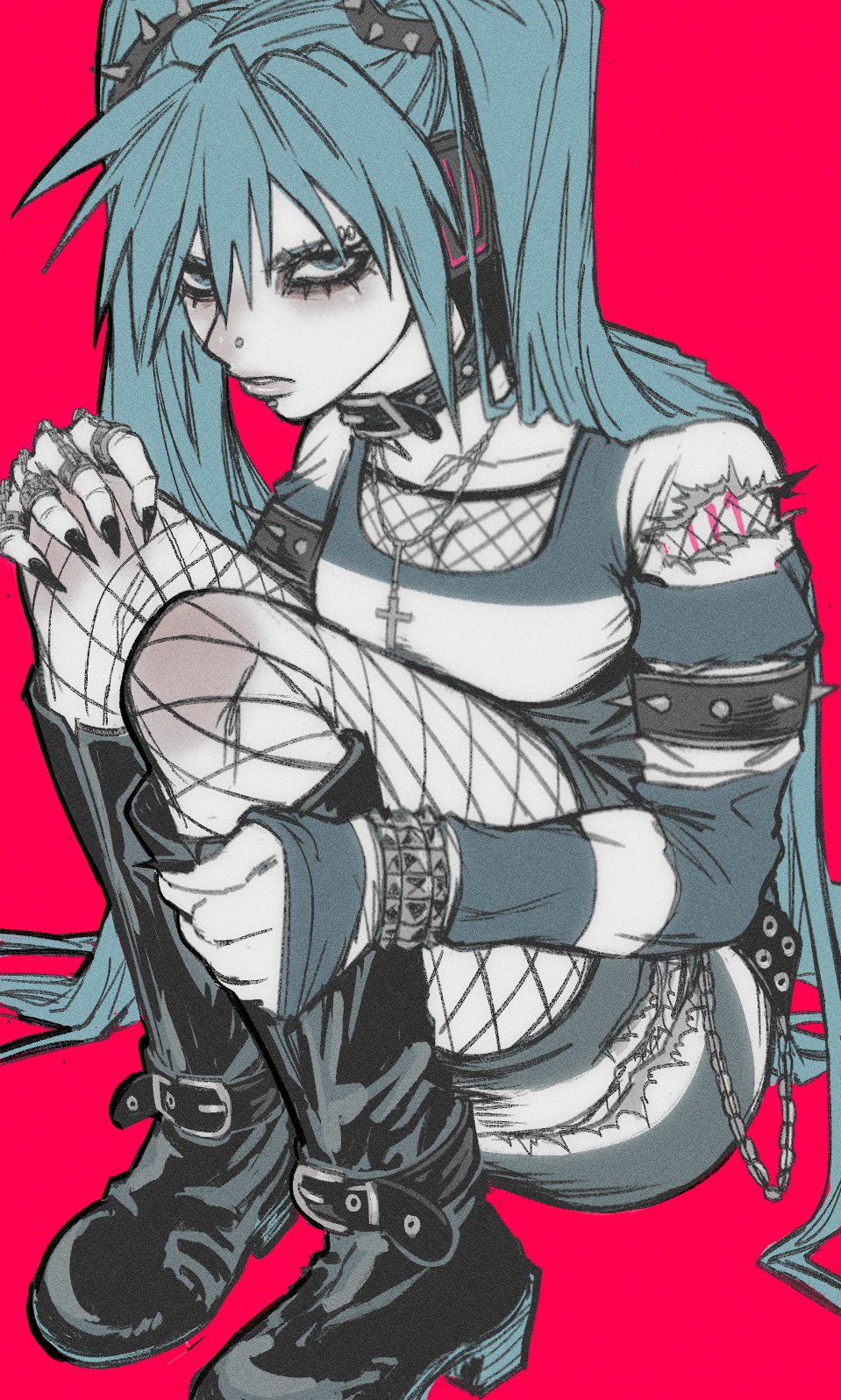 1girl aqua_eyes aqua_hair armband bags_under_eyes black_eyeliner black_footwear blue_eyes boots bracelet breasts chain cleavage collar cross cross_necklace dress emo_fashion expressionless eyebrow_piercing eyelashes eyeliner eyeshadow fishnet_pantyhose fishnet_top fishnets hair_spread_out hatsune_miku headset highres jewelry large_breasts lip_piercing long_hair long_sleeves looking_at_viewer makeup messy multiple_rings nail_polish nairdags necklace nose_piercing pantyhose piercing punk red_background ring shirt simple_background sitting sleeves_past_wrists solo spiked_bracelet spiked_collar spikes squatting striped striped_dress striped_shirt torn_clothes twintails very_long_hair vocaloid