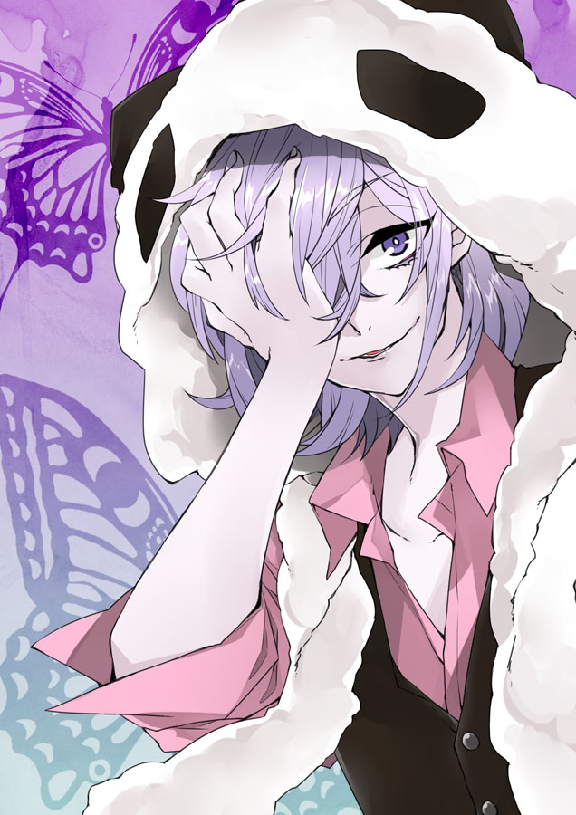 15imitation 1boy black_vest butterfly_background collarbone covering_one_eye eyelashes headwear_with_attached_mittens inga looking_at_viewer male_focus panda_hat parted_lips pink_shirt purple_background purple_eyes purple_hair shirt short_hair solo un-go vest