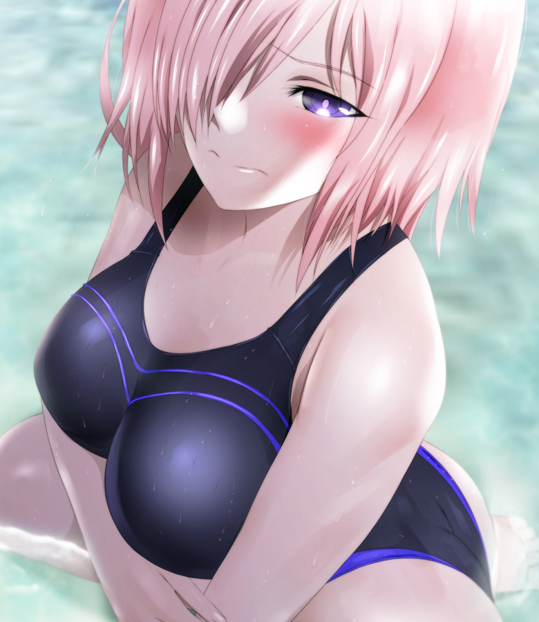 1girl adapted_costume ass bare_shoulders blush breasts bright_pupils competition_swimsuit fate/grand_order fate_(series) hair_over_one_eye large_breasts looking_at_viewer mash_kyrielight multicolored_clothes multicolored_swimsuit one-piece_swimsuit pink_hair purple_eyes short_hair solo swimsuit two-tone_swimsuit yadokari_genpachirou