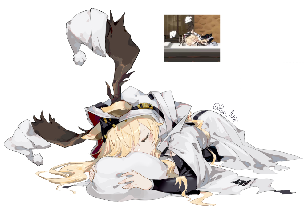 1girl animal_ears antlers antlers_through_hood arknights black_shirt blonde_hair chibi cloak closed_eyes deer_antlers deer_ears deer_girl ears_through_hood full_body game_screenshot_inset hat hat_on_antlers hood hood_up hooded_cloak horns hugging_object long_hair nejikyuu pillow pillow_hug santa_hat shirt simple_background solo_focus swept_bangs twitter_username viviana_(arknights) white_background white_cloak white_headwear