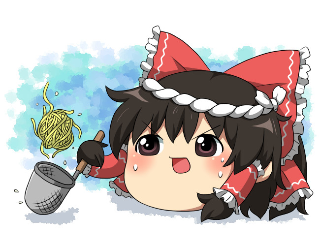 1girl black_hair blush bow brown_eyes commentary_request cooking food full_body hair_bow hair_tubes hakurei_reimu medium_bangs noodles open_mouth paplikaling red_bow short_hair solo strainer touhou v-shaped_eyebrows yukkuri_shiteitte_ne