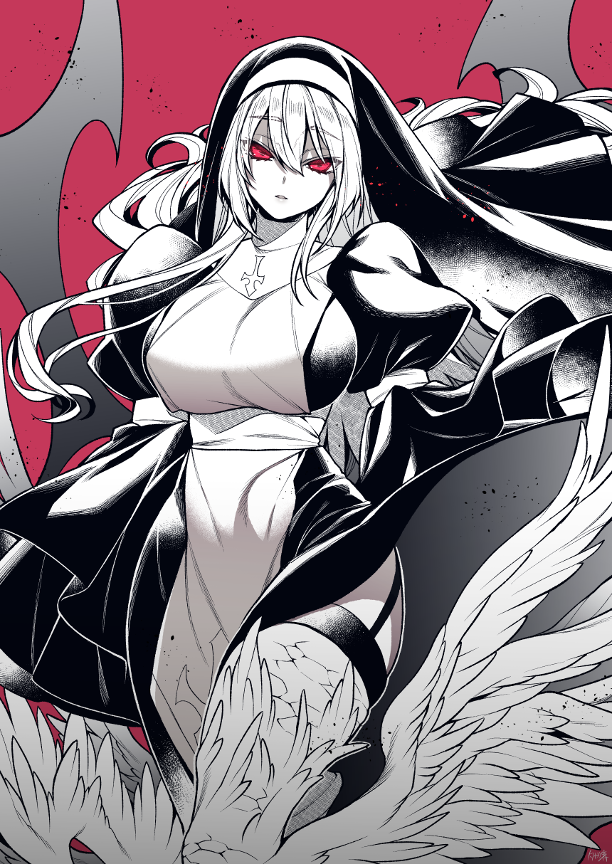 1girl breasts commentary_request demon_girl floating_hair greyscale habit highres large_breasts looking_at_viewer monochrome nun original red_background red_eyes simple_background solo spot_color standing takatsuki_ichi