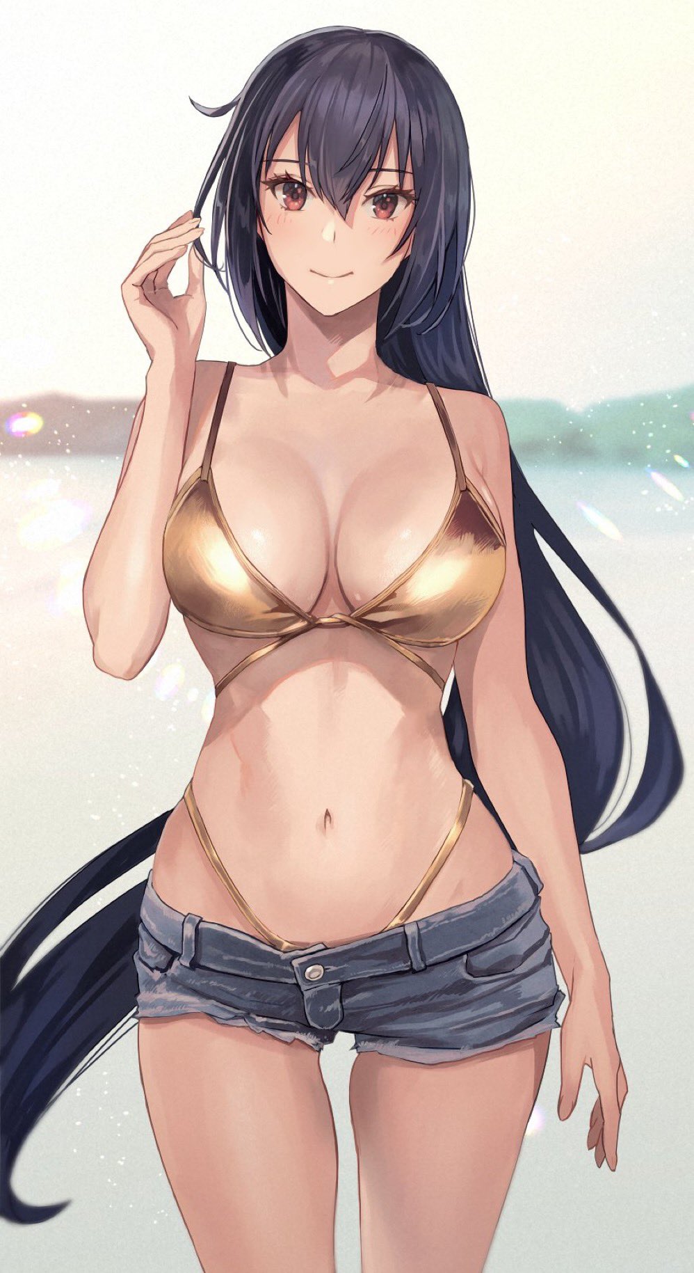 1girl bare_arms bare_shoulders bikini black_hair blush breasts closed_mouth cowboy_shot day denim denim_shorts gold_bikini hair_between_eyes highleg highleg_bikini highres kantai_collection kasumi_(skchkko) large_breasts long_hair looking_at_viewer nagato_(kancolle) navel outdoors red_eyes short_shorts shorts smile solo swimsuit