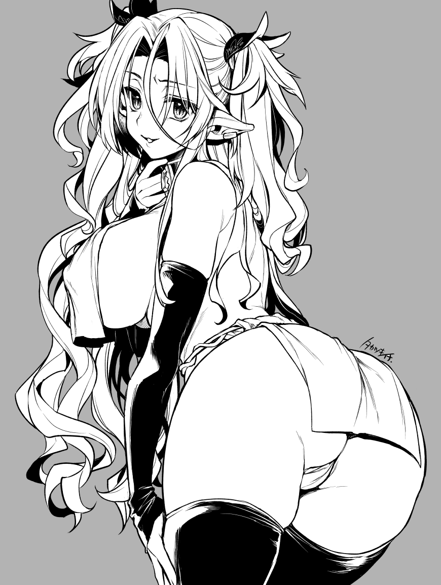 1girl ass breasts commentary_request elbow_gloves gloves greyscale large_breasts loincloth long_hair looking_at_viewer monochrome original pointy_ears solo takatsuki_ichi thighhighs two_side_up