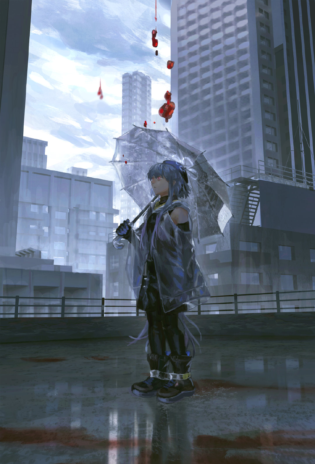 1boy arknights bare_shoulders black_footwear black_gloves black_pants black_shirt black_sleeves blue_hair boots building chinese_commentary cityscape closed_mouth clothing_cutout cloud cloudy_sky commentary_request day detached_sleeves flower full_body gloves highres holding holding_umbrella jacket layered_sleeves light_frown long_hair long_sleeves looking_ahead male_focus mizuki_(arknights) otoko_no_ko outdoors pants pink_eyes railing rain red_flower reflective_floor see-through see-through_jacket see-through_sleeves shirt shoulder_cutout sidelocks sisou sky skyscraper solo standing transparent transparent_umbrella turtleneck umbrella very_long_hair wide_sleeves window