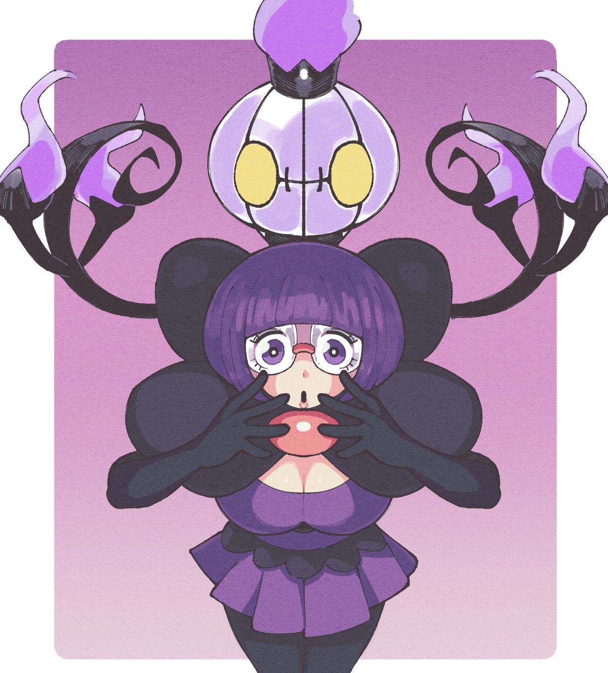 1girl blunt_bangs bob_cut bow breasts buttons chandelure cleavage elbow_gloves fire ghost glasses gloves highres inkerton-kun large_bow large_breasts pantyhose pokemon pokemon_(creature) pokemon_bw purple_eyes purple_fire purple_hair purple_skirt rimless_eyewear round_eyewear shauntal_(pokemon) skirt yellow_eyes