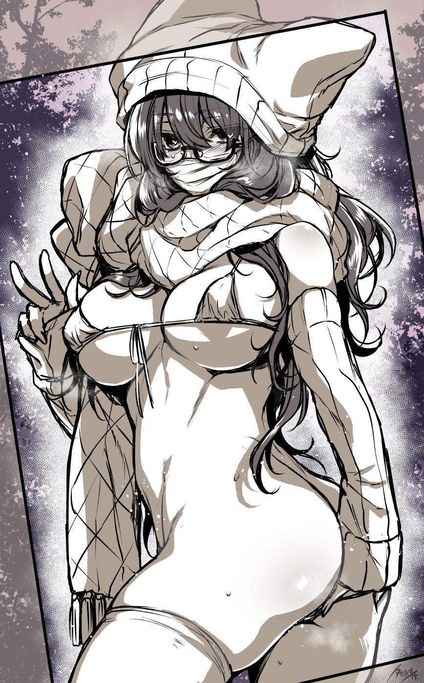 1girl ass bikini bikini_top_only blush breasts cleavage commentary_request cowboy_shot eyes_visible_through_hair glasses hair_between_eyes hat heart heart-shaped_pupils highres large_breasts long_hair long_sleeves looking_at_viewer mask monochrome mouth_mask original scarf solo surgical_mask swimsuit symbol-shaped_pupils takatsuki_ichi thighhighs v watermark