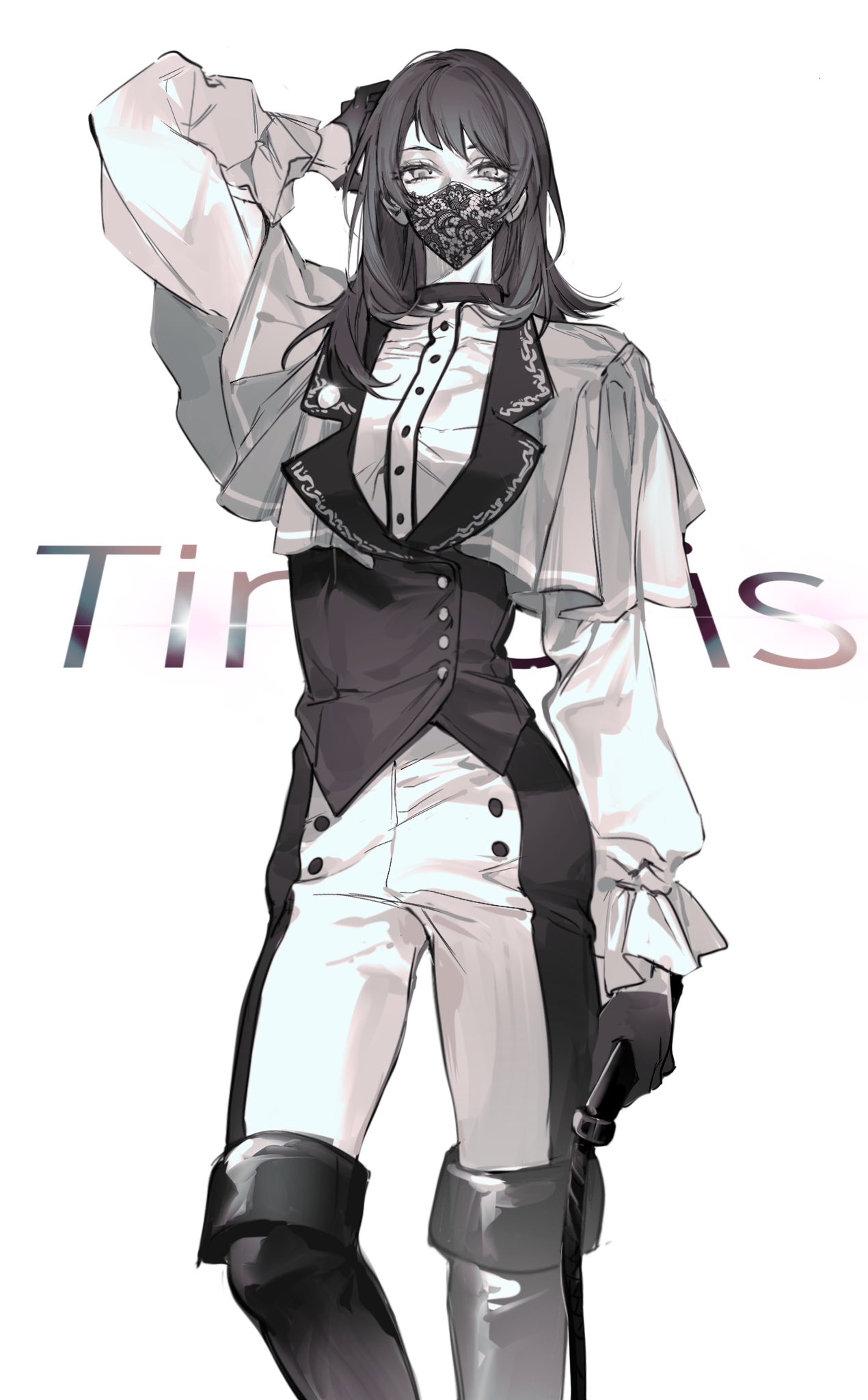 1girl bang_dream! bang_dream!_it's_mygo!!!!! boots dress_shirt gloves greyscale hand_in_own_hair highres holding holding_whip lace long_hair long_sleeves looking_at_viewer m_omoo mask monochrome mouth_mask pants shirt simple_background solo thigh_boots vest yahata_umiri