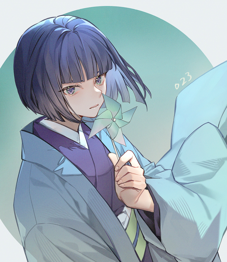 1girl blue_jacket blunt_bangs bob_cut closed_mouth english_commentary from_above from_side hand_up haori holding_pinwheel jacket japanese_clothes kasuga_yomi kekkaishi kimono long_sleeves looking_at_viewer looking_to_the_side obi purple_eyes purple_hair purple_kimono sash solo upper_body yoshicha